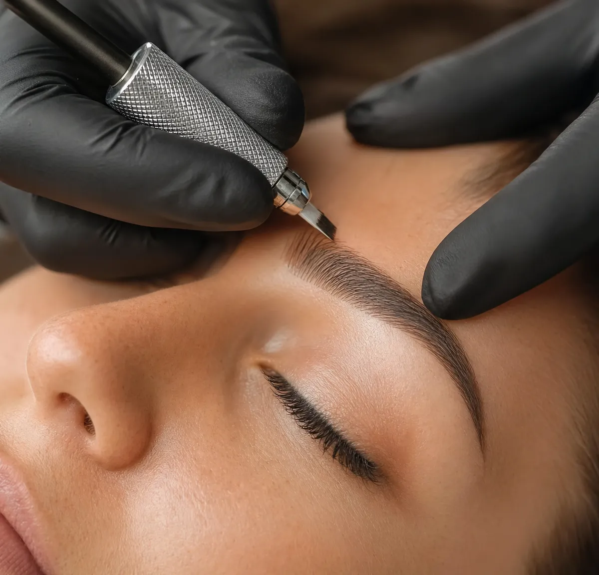 Esecuzione del microblading sopracciglia con strumento manuale da un'estetista